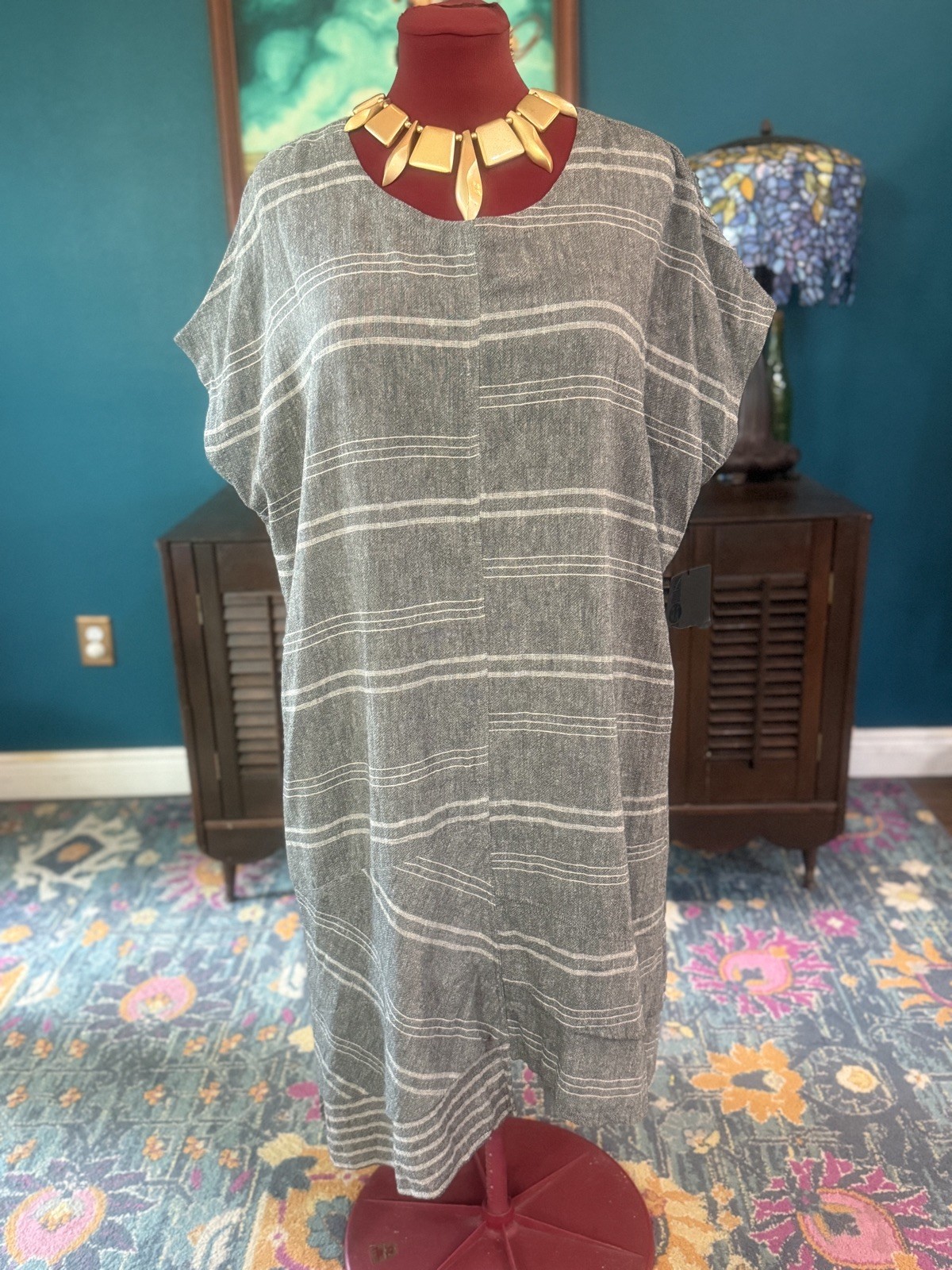 MOYURU Dress Gray Asymmetric Linen Cotton Stripe Lagenlook Midi Size Medium NWT