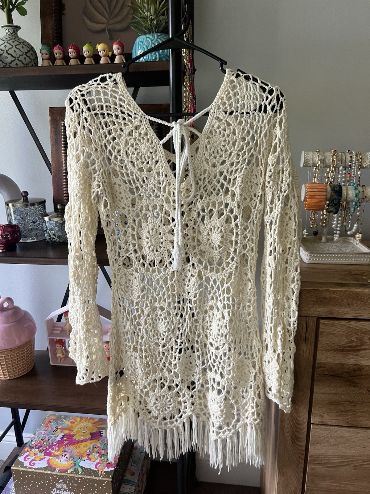 Vintage women’s crochet cover up dress with fringe detail size small