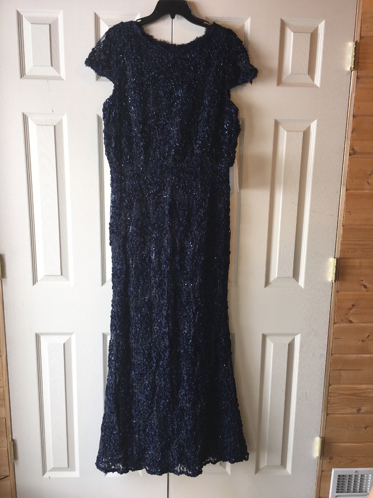 JS COLLECTIONS Navy Sequined Soutache Lace Blouson Bodycon Gown SZ 12 NEW
