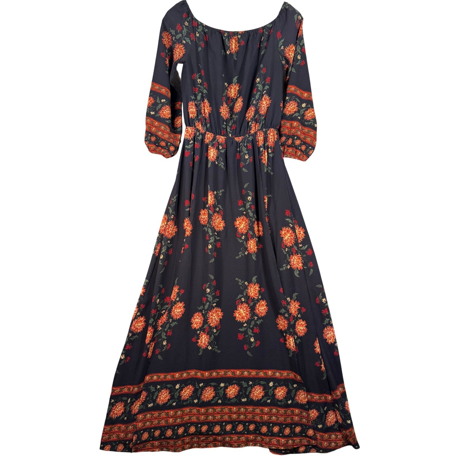 Boho Floral Midi Dress S Navy Orange Peasant Puff Bishop Sleeve Smocked Maxi