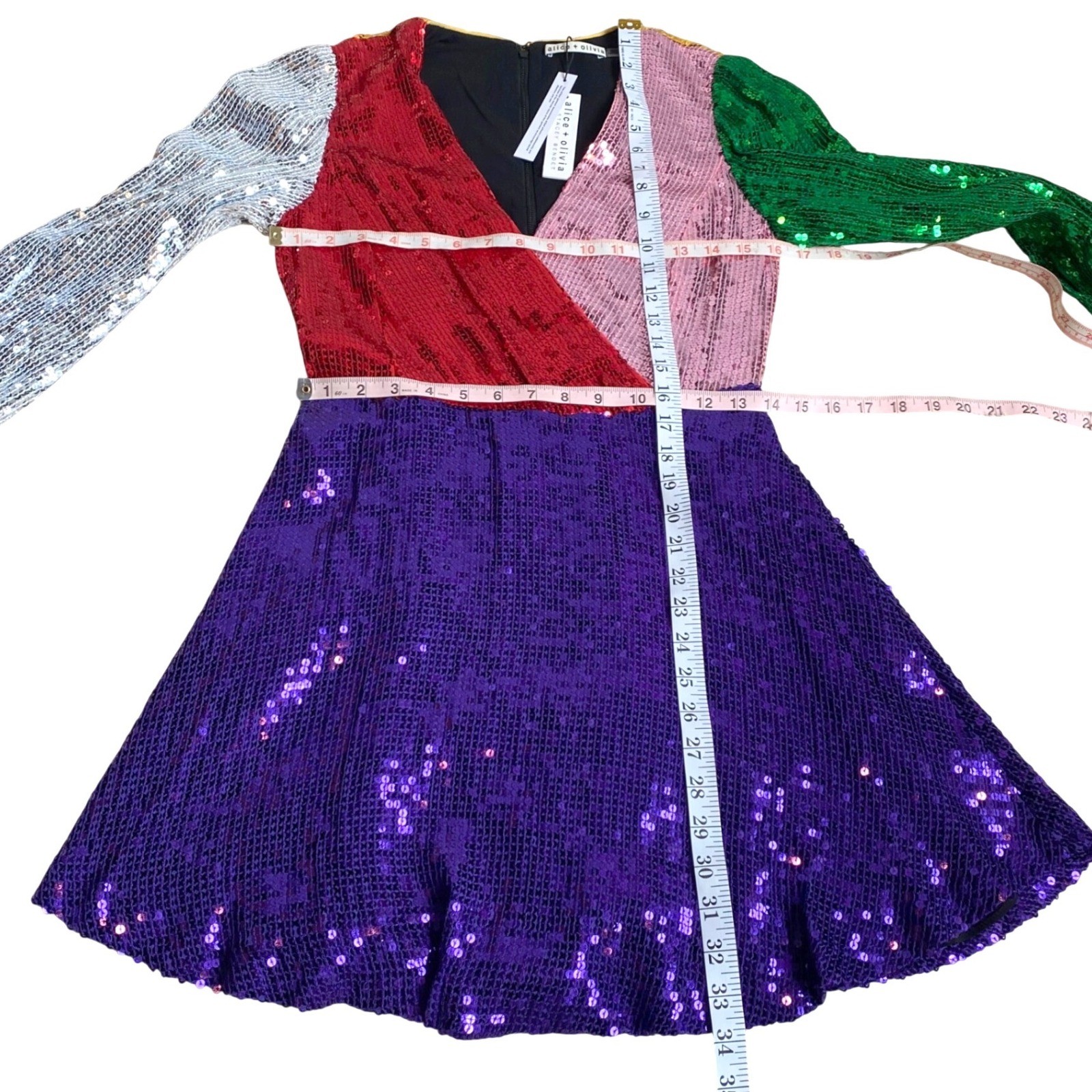 NEW NWT ALICE + OLIVIA Blaze Sequin Colorblock Long Sleeve Mini Dress SZ 4 Glam