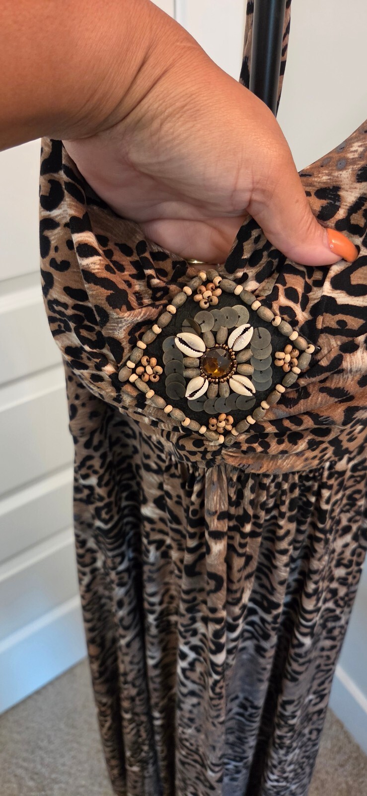 Vintage Collection Leopard Print Maxi Dress with Beaded Detail, Size M
