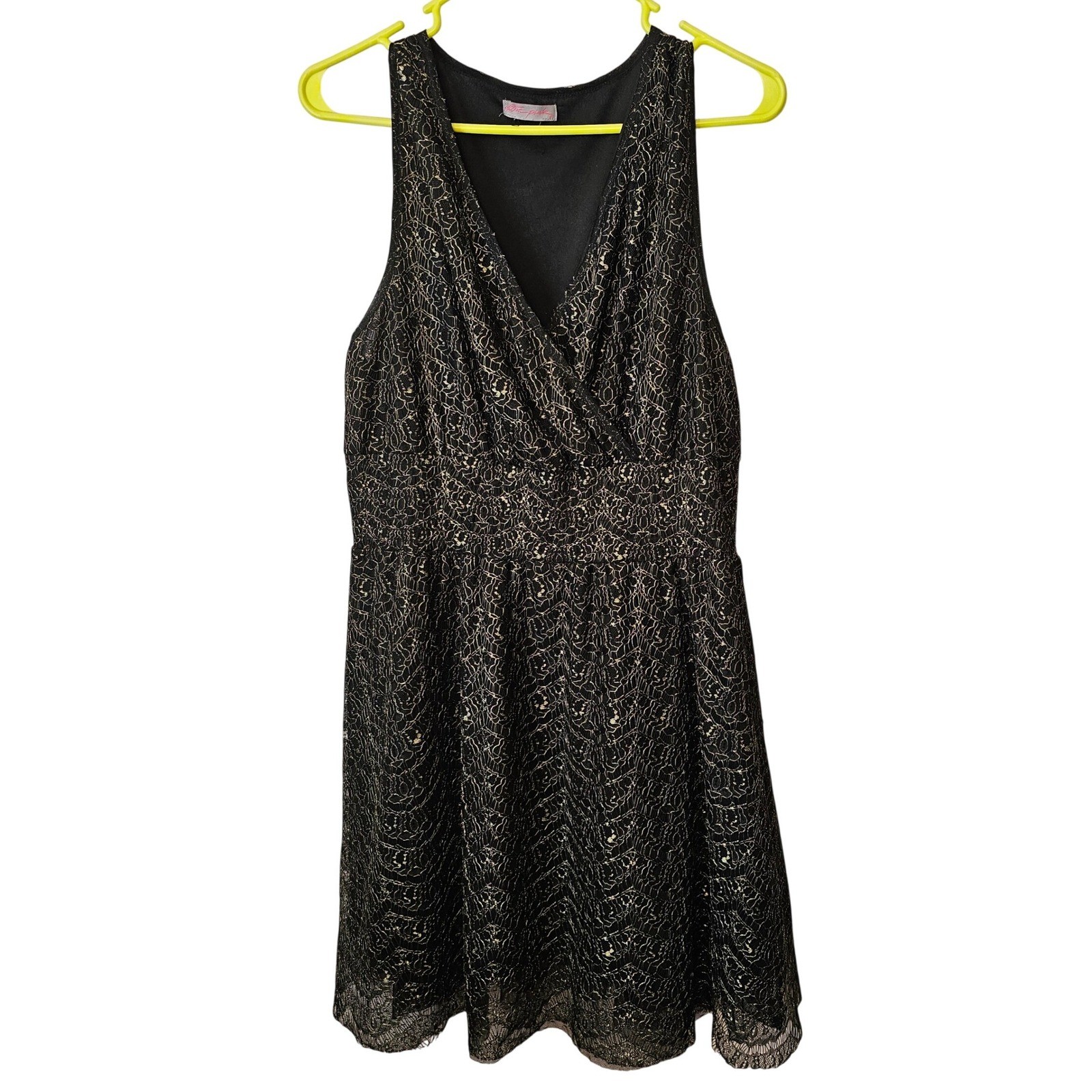 Ultra Pink Black Gold Metallic Lace Sleeveless V-Neck Cocktail Dress L/XL