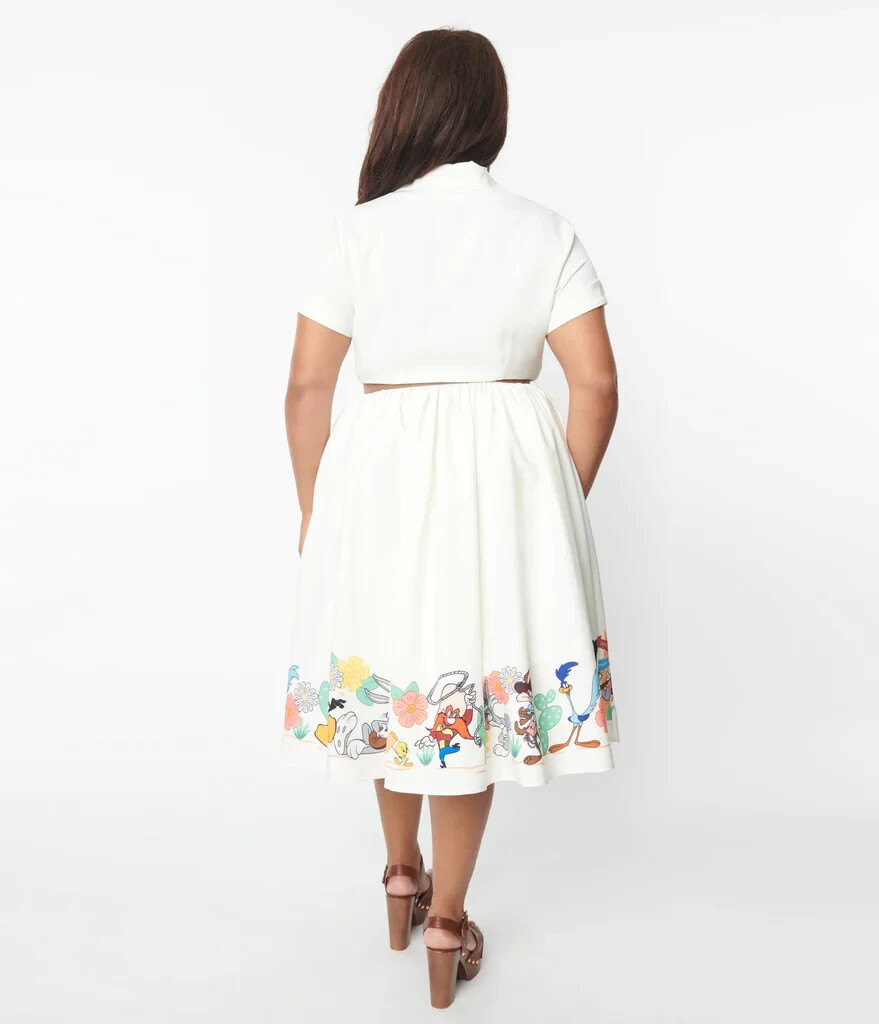 Unique Vintage Looney Tunes White & Character Border Print Swing Dress Plus XL