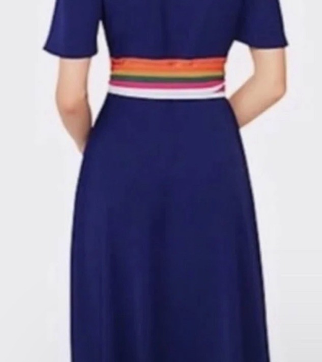 TORY BURCH Peggy Wrap Stripe Dress Navy Blue Sz 8 Preowned