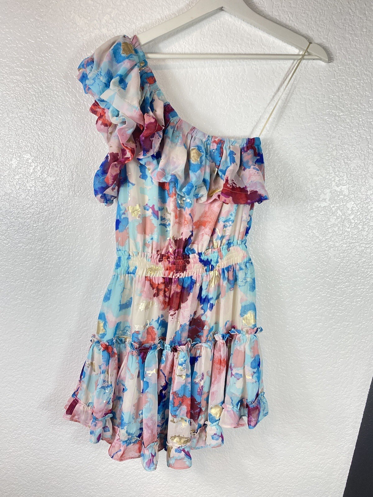 Buddy Love Sofia One Shoulder Water Colo Mini Dress Size Small Ruffle Smocked