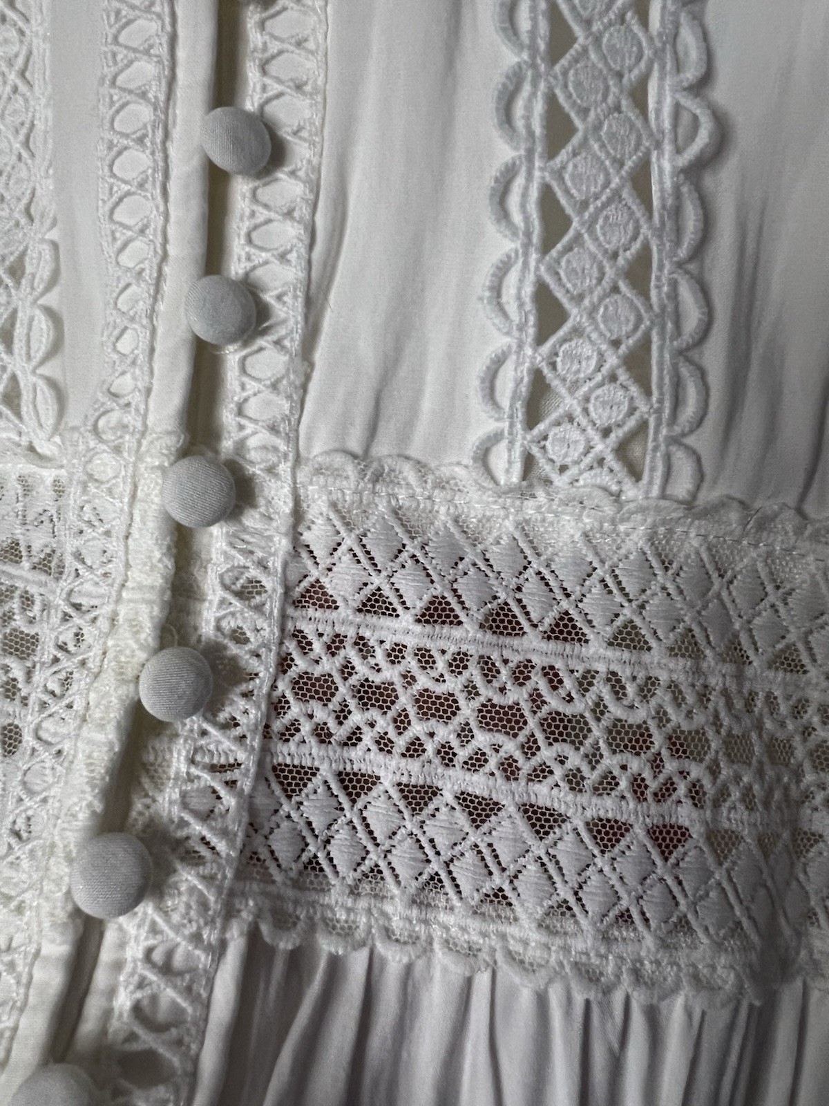 Hollow lace white V-neck puff sleeve button down midi fairy dress M