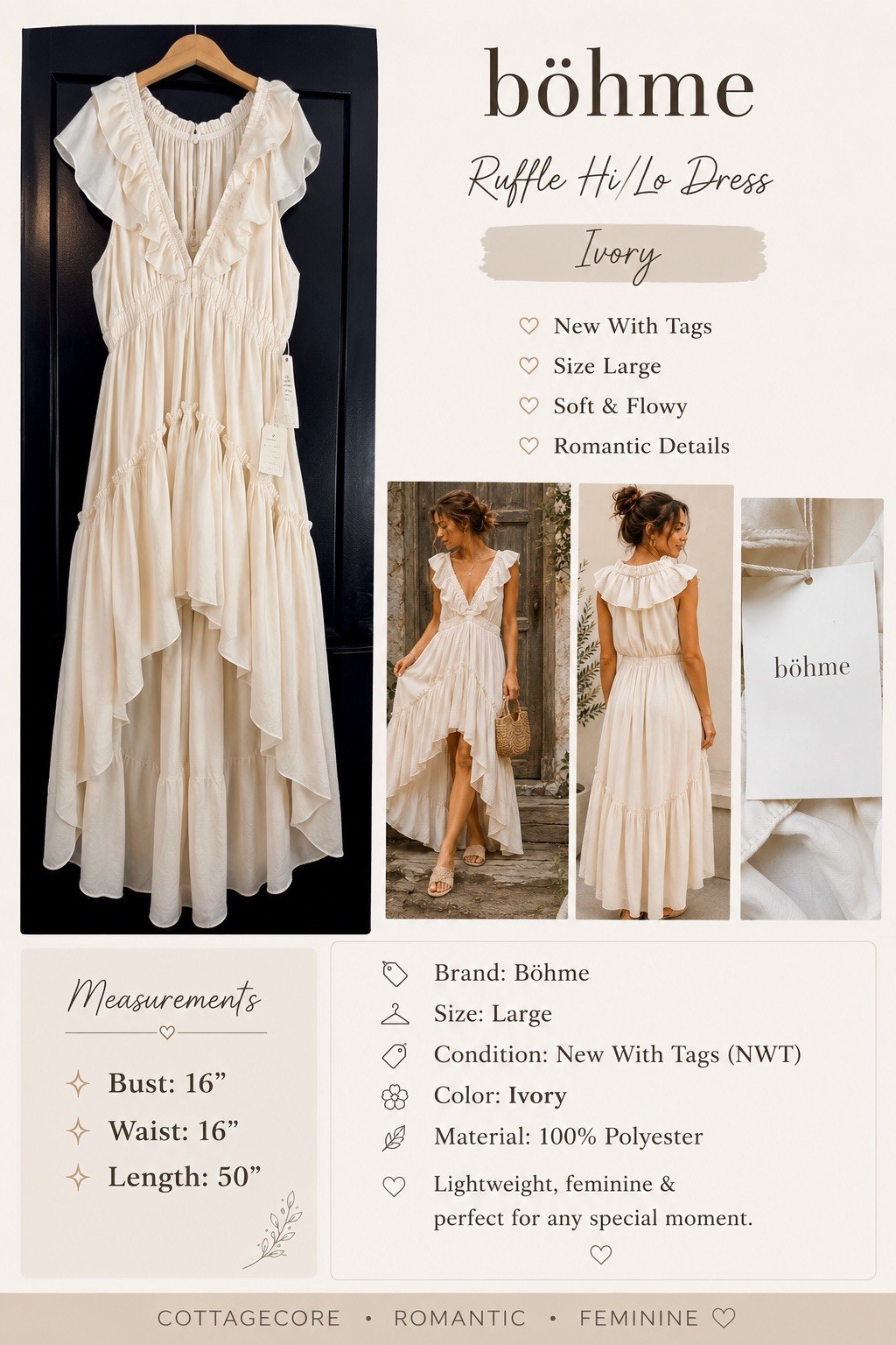 Bohme Mustard Seed Ivory Ruffle Hi Low Maxi Dress Womens L NWT Boho