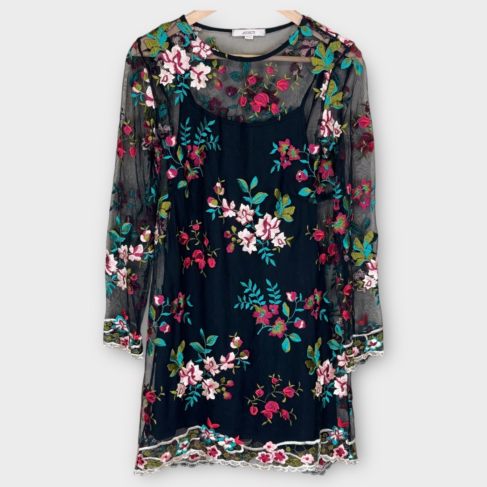 Antoinette Floral Embroidered Mesh Overlay Dress Small Black Sheer Long Sleeve
