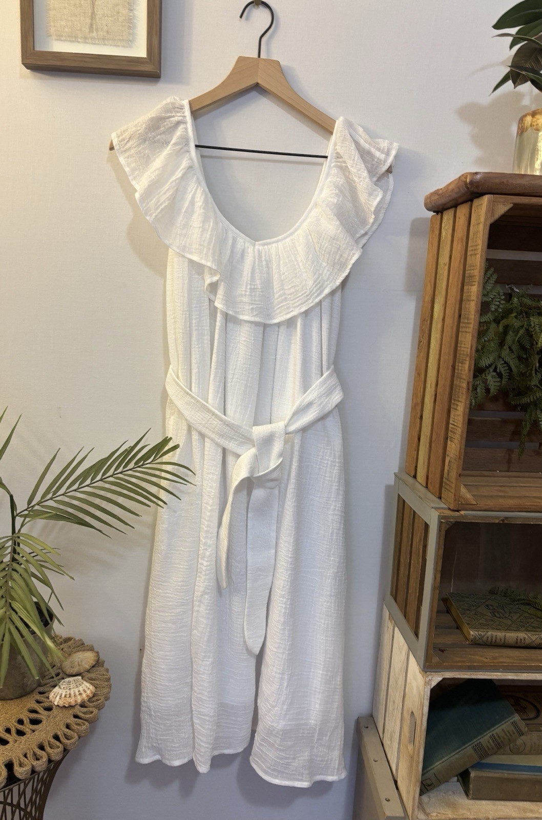 Emerson Fry RARE White Gauze Caftan Dress Ruffle Tie Pockets Lined One Size S-L