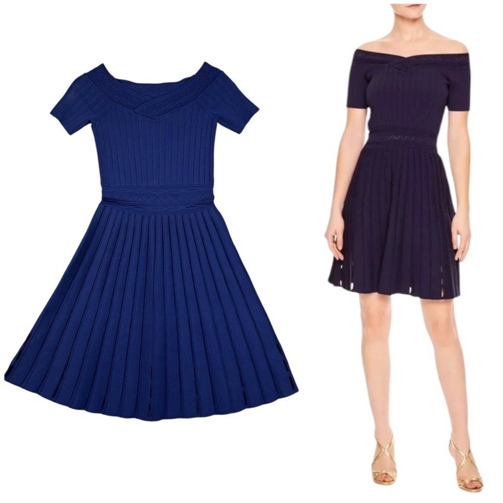 Sandro Lottie Off-the-Shoulder Rib Knit Textured Dress Size Small Navy Blue
