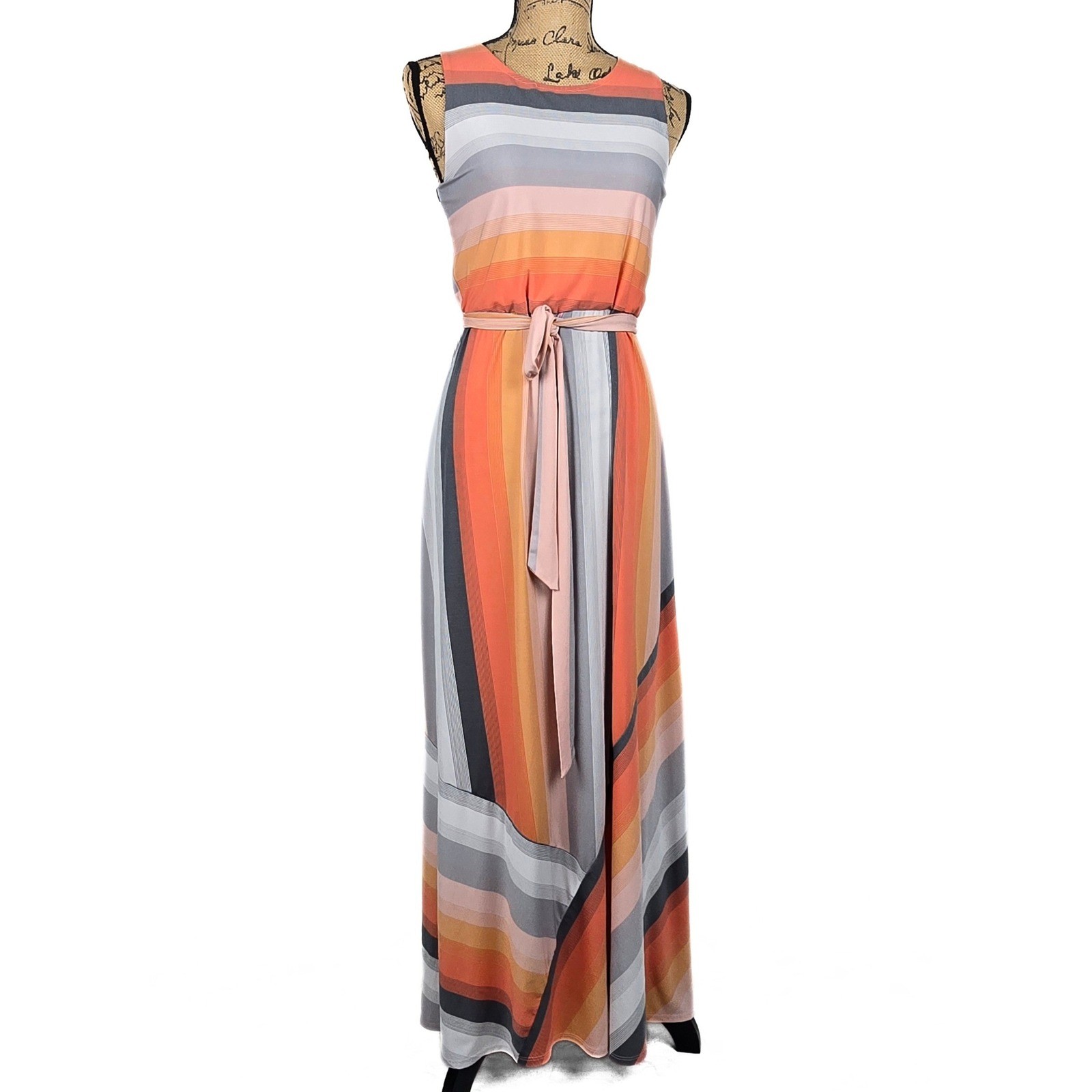 Sexy Est. 1946 Womens XS Striped Sleeveless Maxi Dress Orange Grey Pink Belted