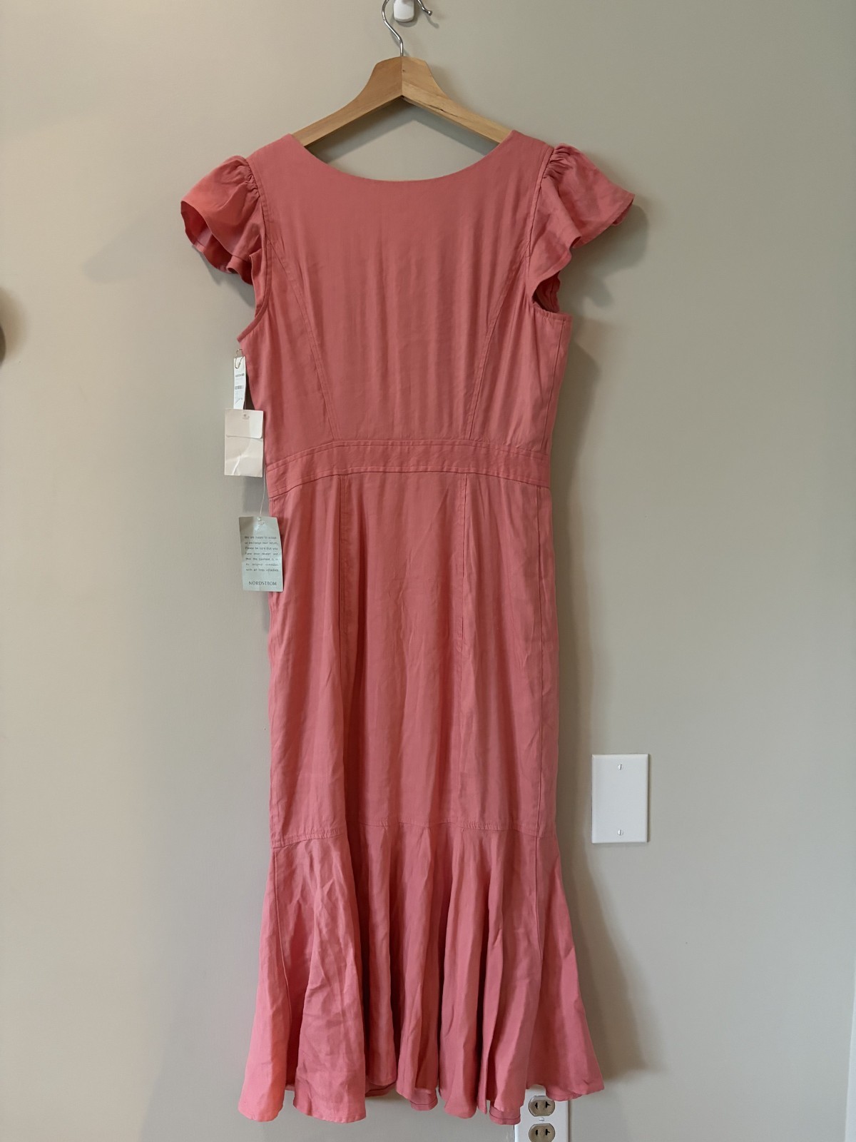 NWT Rachel Parcell Button Front Ruffle Hem Linen Blend Midi Dress Pink Size XS