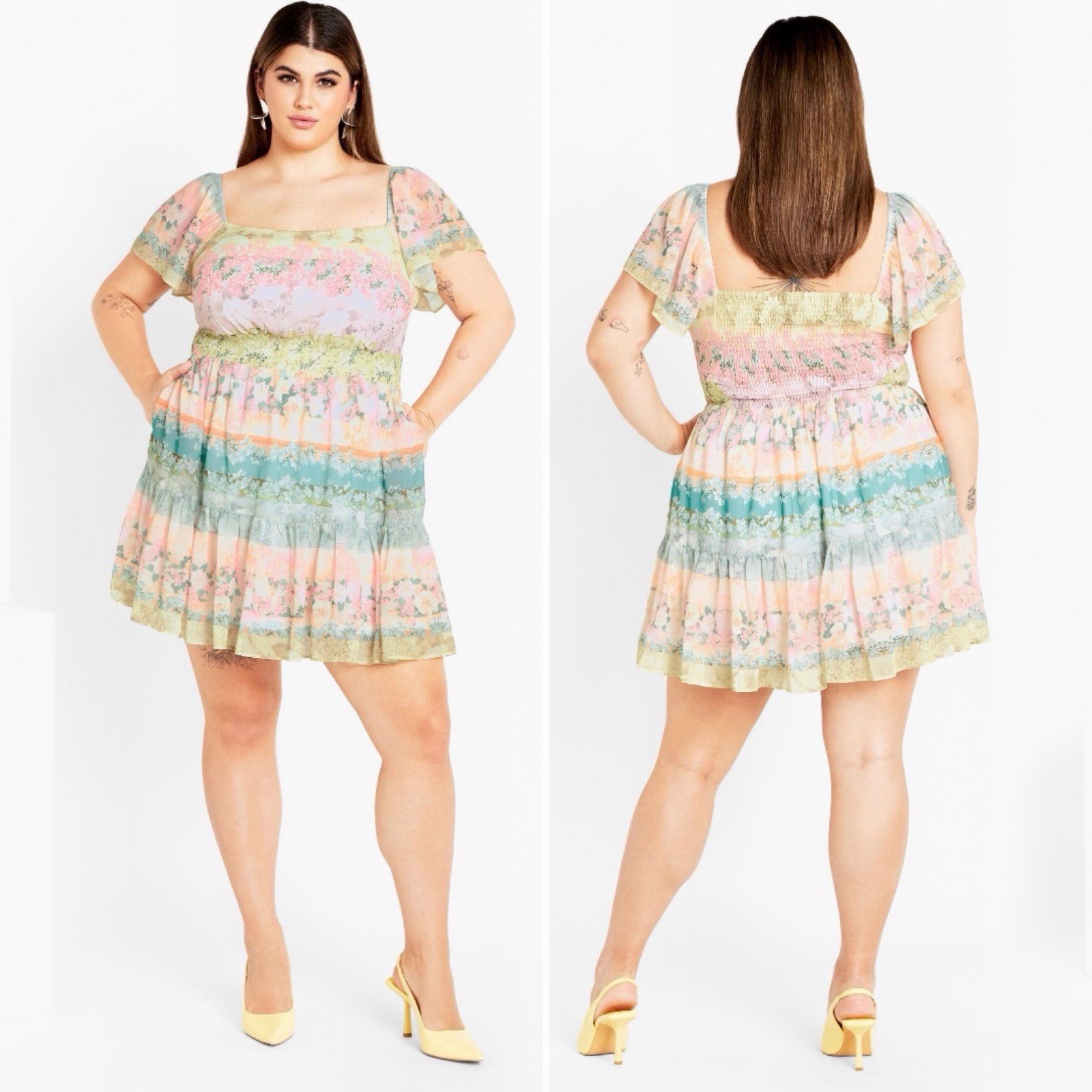 City Chic Reece Floral Multicolor Mini Fit & Flare Square Neck Smocked 22 NWT