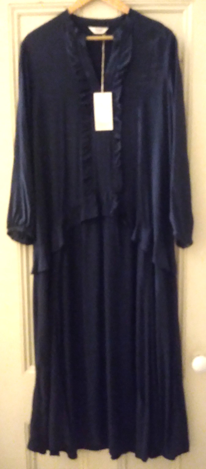 NEW TOAST UK 14 US 10 12 Ruffle Dress Maxi Long Sleeve Rich Darker BlueRayon NWT