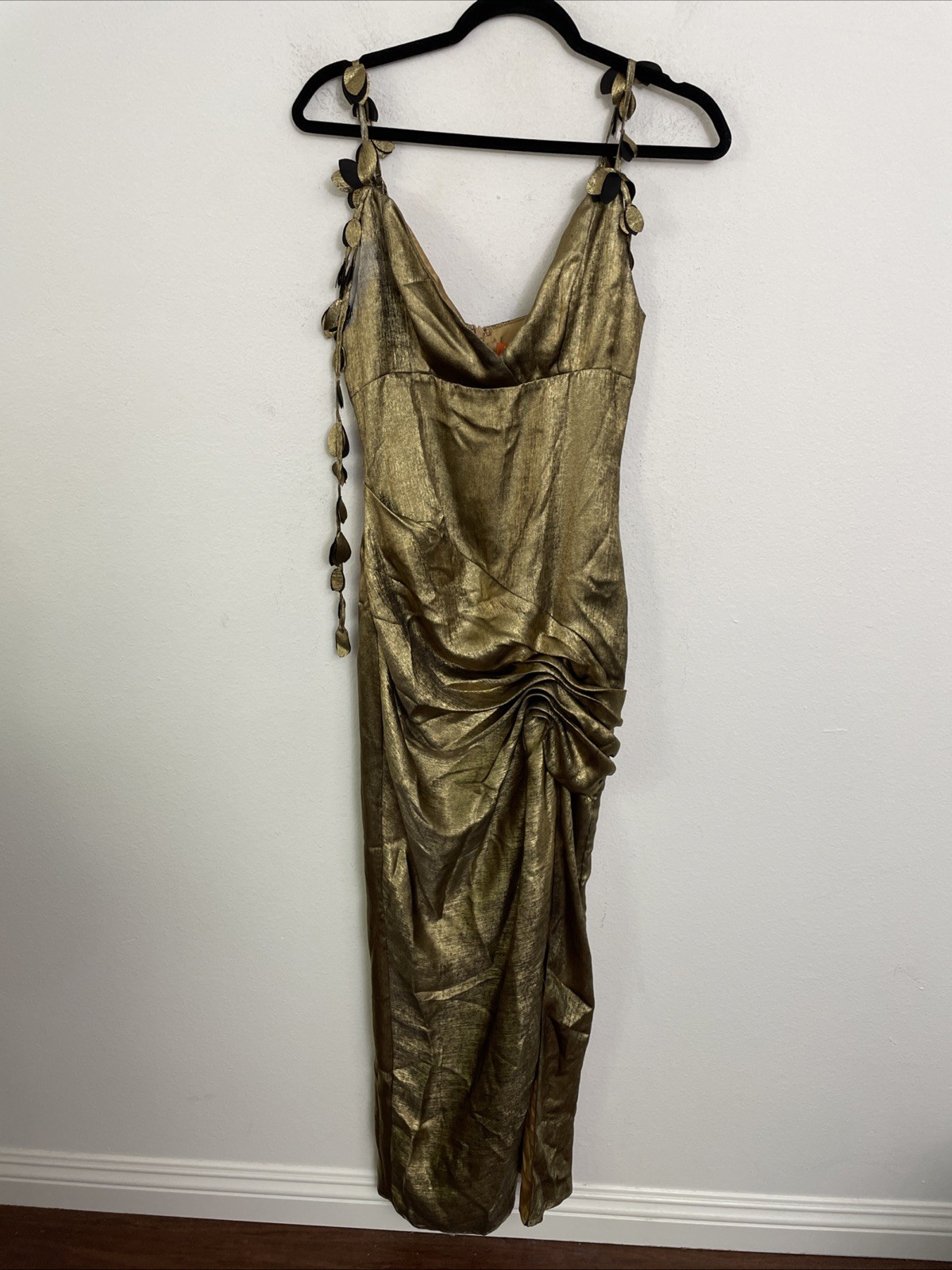 YAURA Ileri Dress draped leaf gold satin asymmetrical hem size S NWT $280msrp