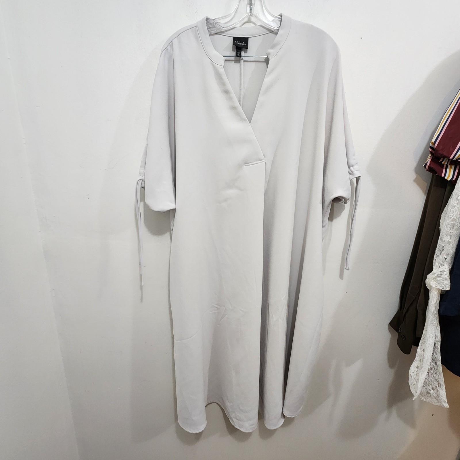 ULLA POPKEN Tie Sleeve Kimono A-line Dress Light Gray Puff Sleeve Pockets 20/22