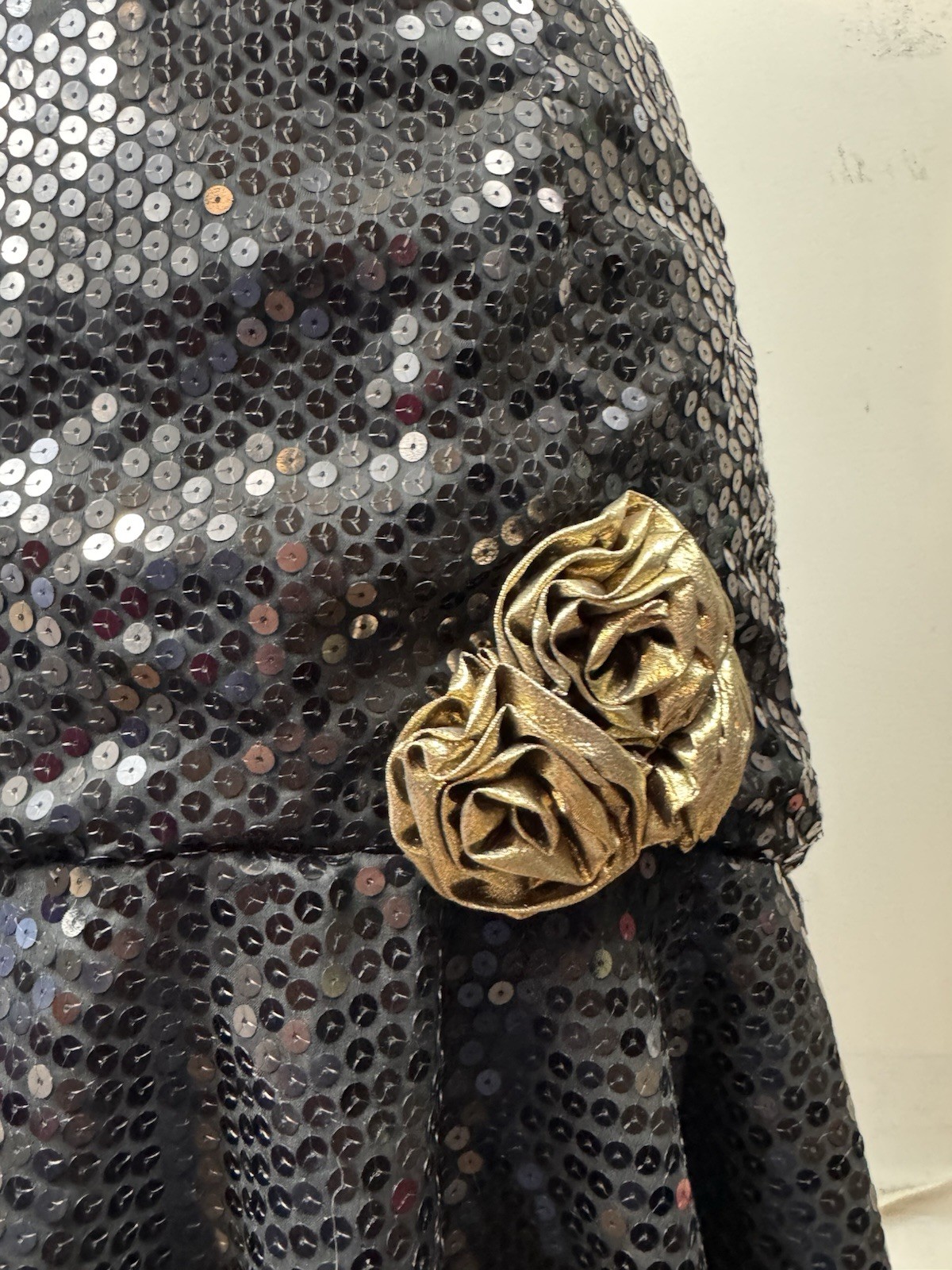 Vintage 80s Size 7/8 Black Sequins Gold Lame Hi Lo Mermaid Midi Dress Strapless