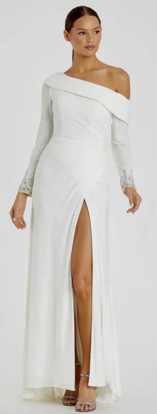 Mac Duggal White Off Shoulder Long Sleeve Beaded Cuff Side Slit Bridal Gown