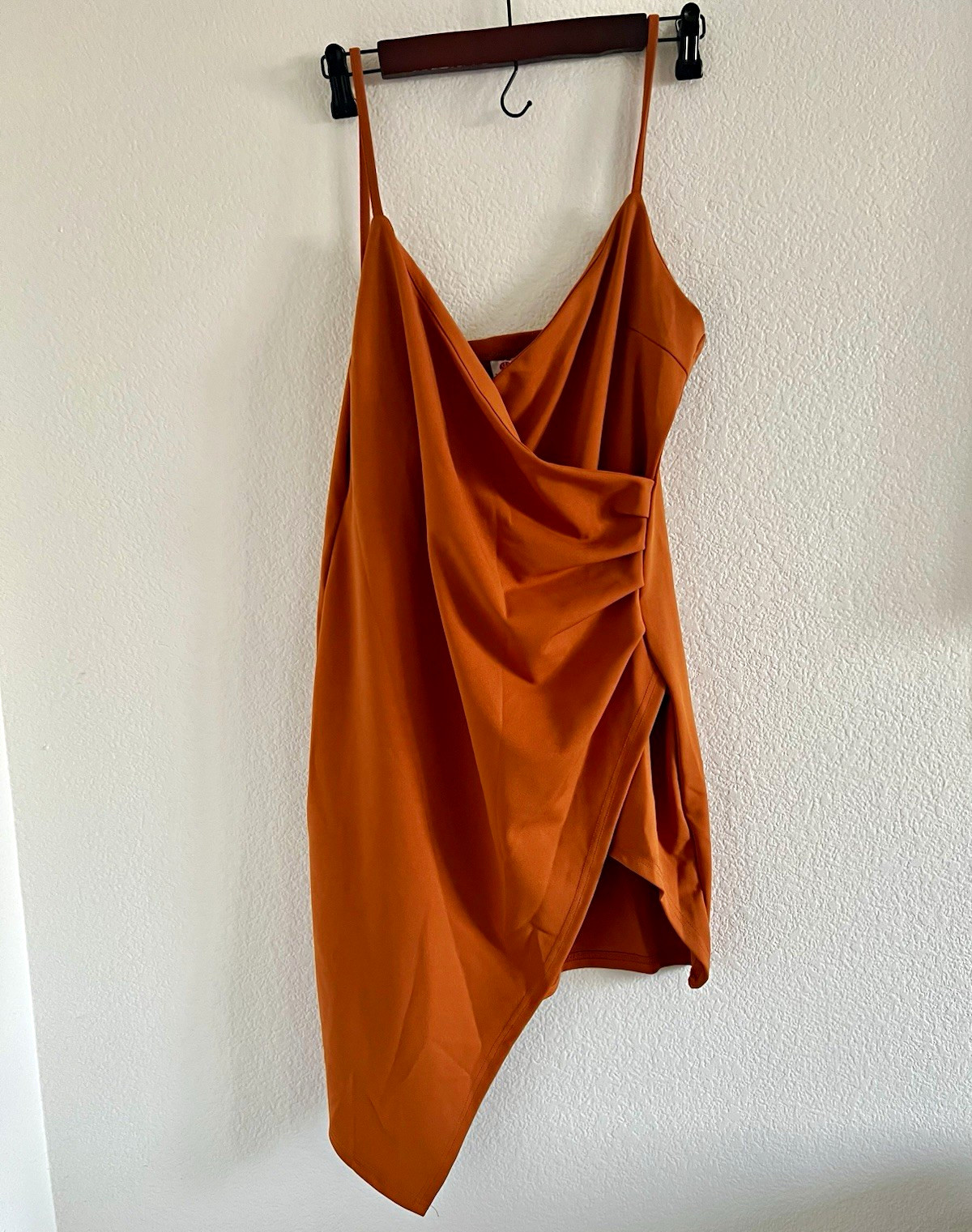 Wanna This Orange Solid Cowl Neck Ruched Asymmetric Slip Dress Womens L