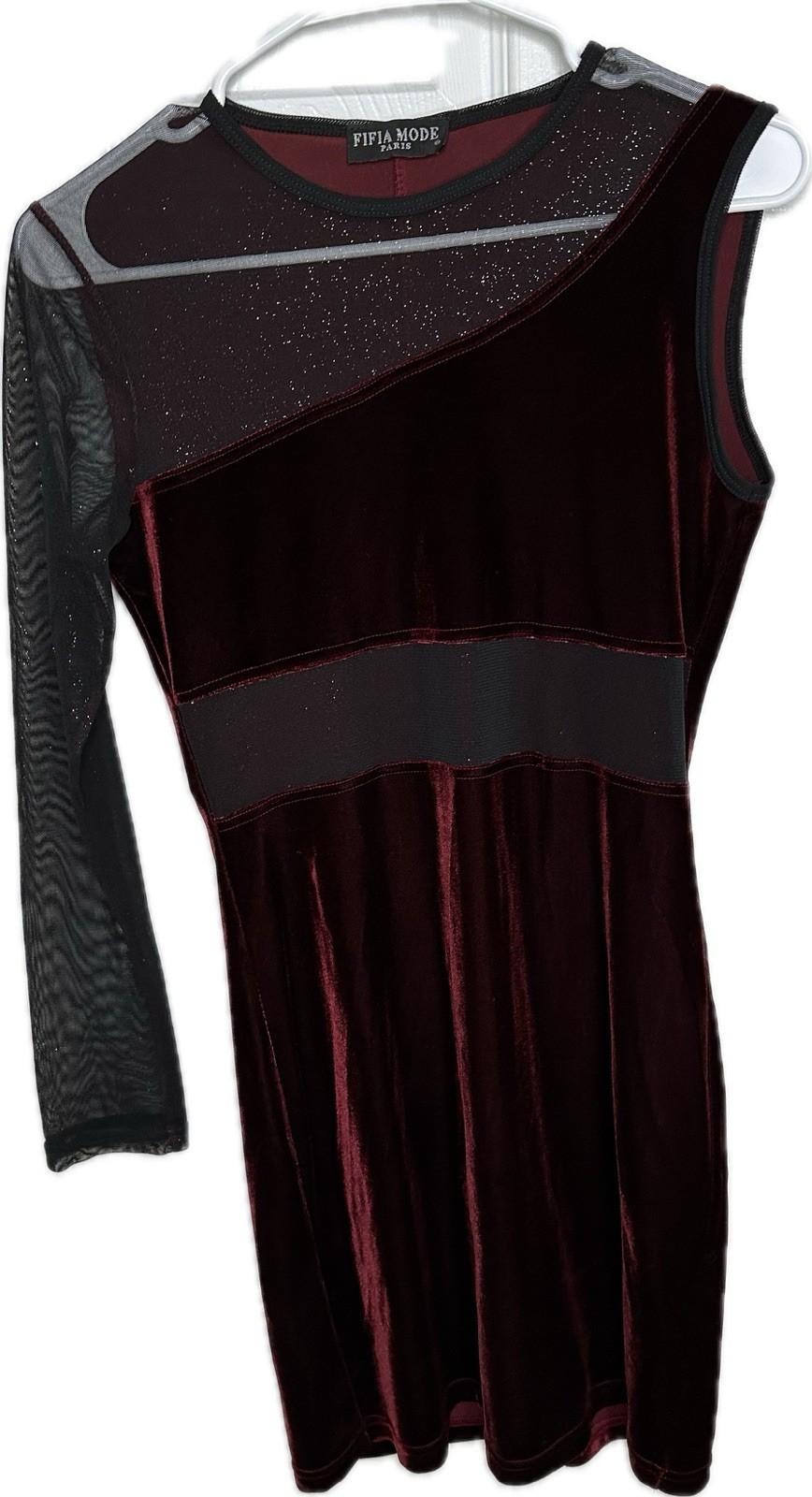 Paris Velvet Mesh Asymmetrical Mini Dress Burgundy One Sleeve Bodycon Dress S