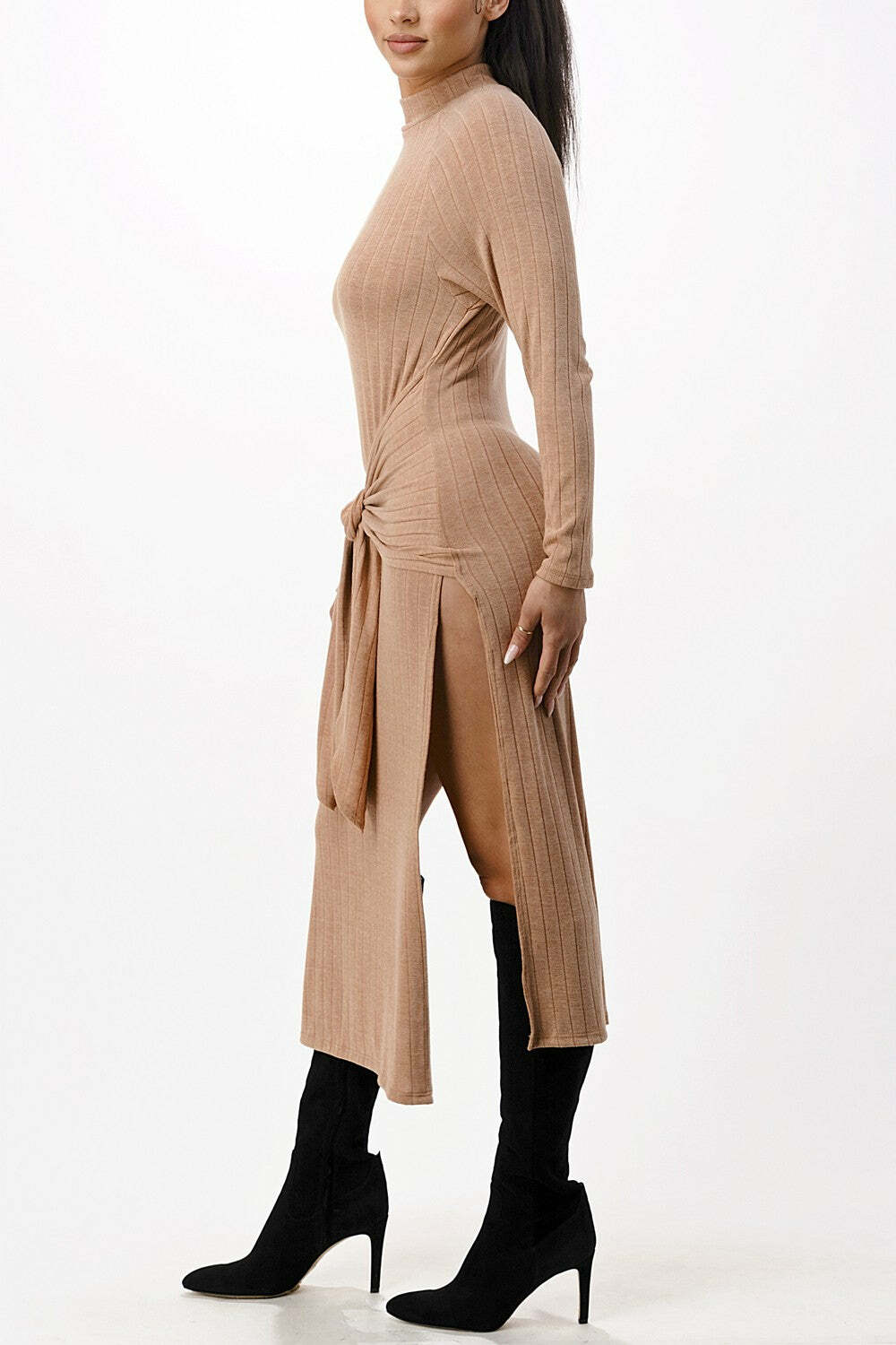 Womens Front Tie Midi Knit Long Sleeve Dress Winter Fashion 2022 Casual Wear
