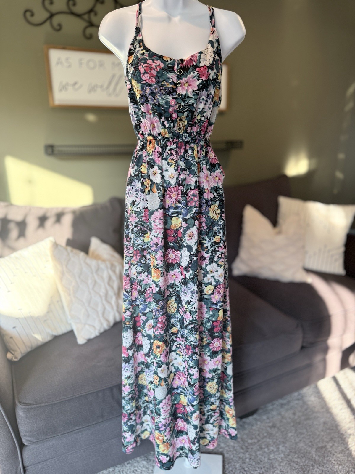 Yumi Kim Multicolor Floral Chiffon Maxi Dress S V-Neck Strappy Button Front