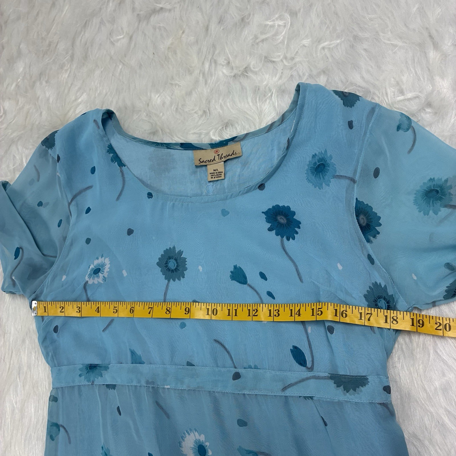 Vintage Sacred Threads Chiffon Maxi Dress M/L Floral Daisy Blue Semi-Sheer Y2K