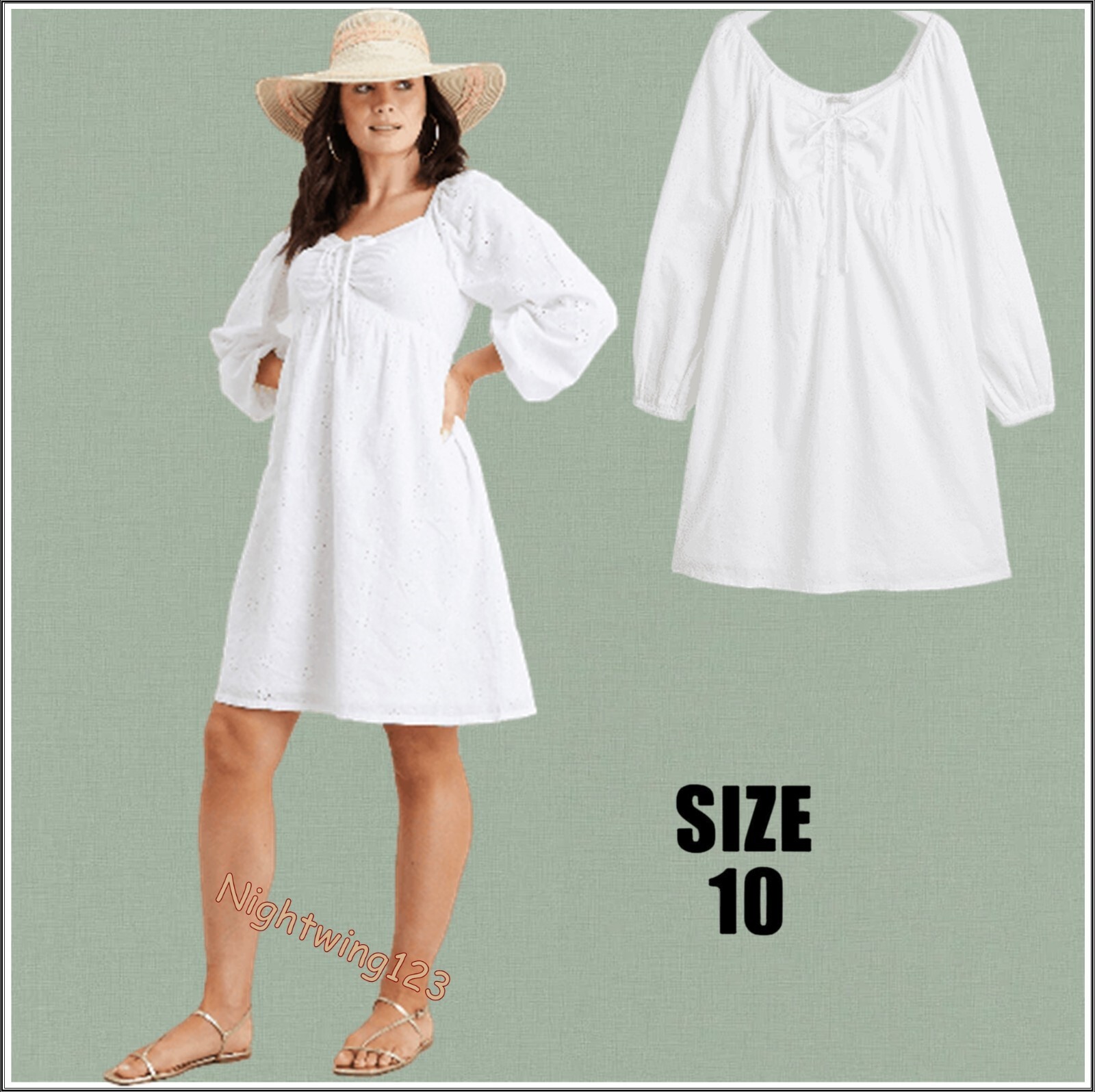 TU Size 10 White Broderie Lace Dress Long Puff Sleeve Short 100% Cotton Lined