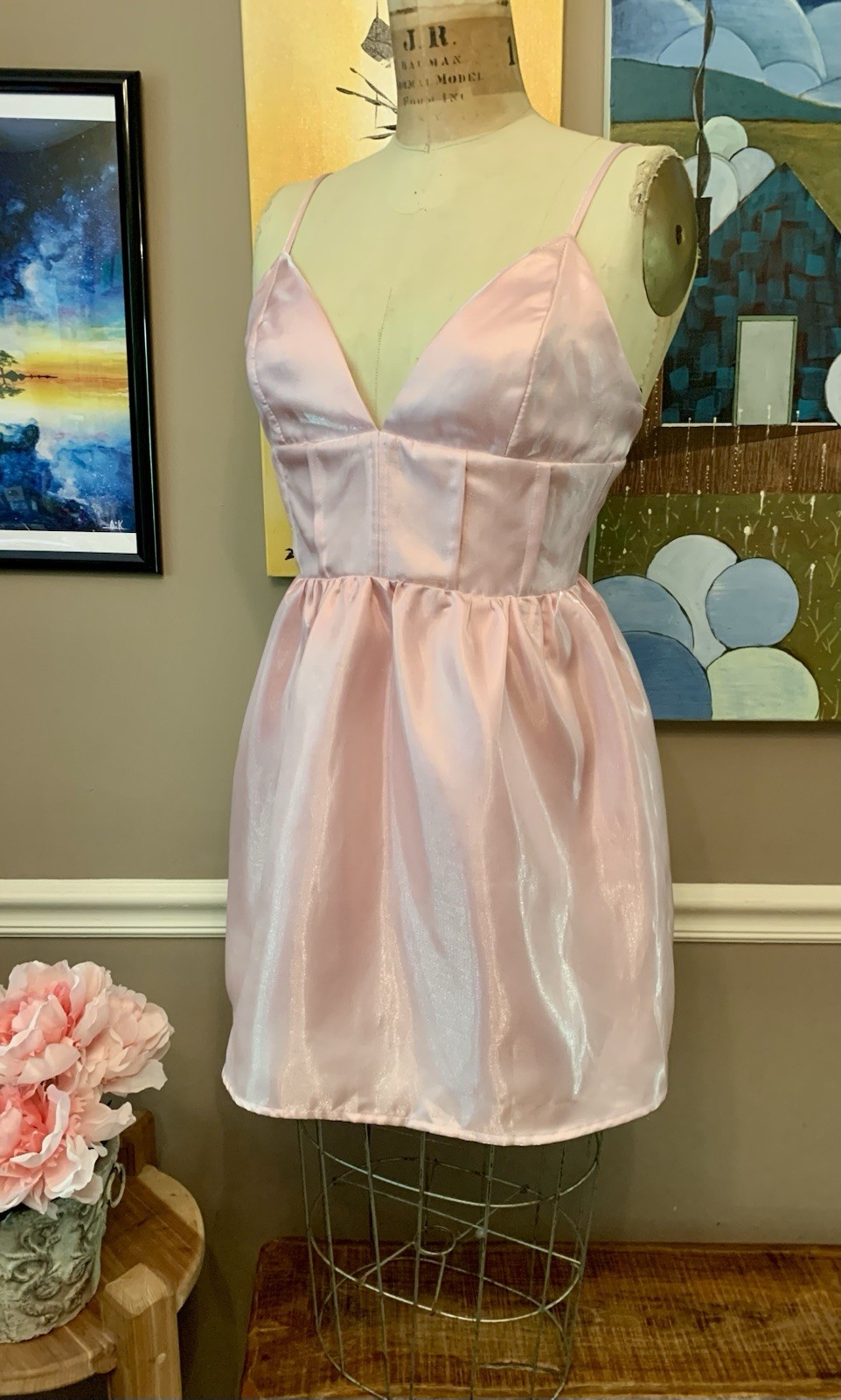 Forever 21 Iridescent Pink Satin Babydoll Mini Dress Small