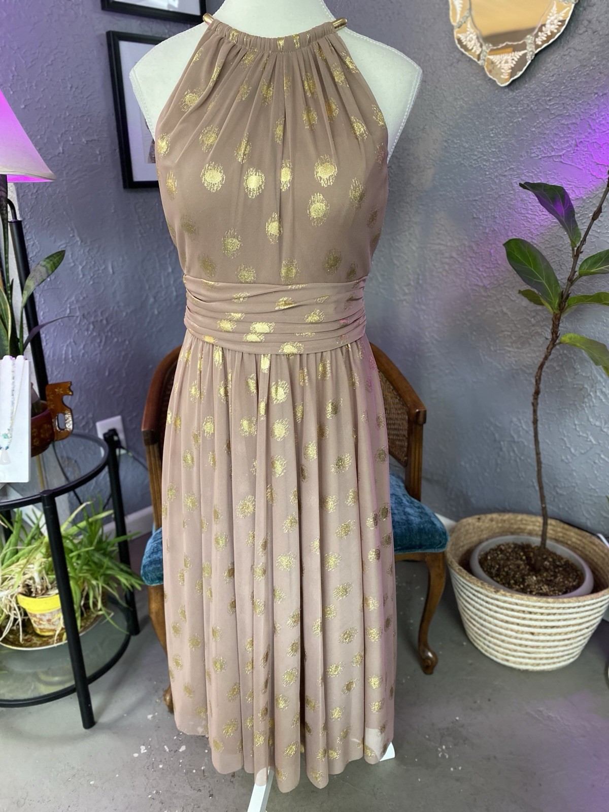 Jessica Howard Taupe And Gold Shimmery Polka Dot Semi Sheer Halter Dress Size 6
