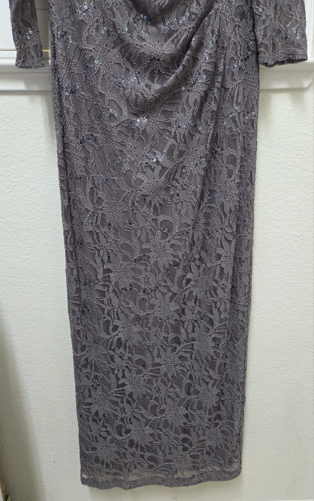Jessica Howard Gray Lace Sequence Midi Dress Size 12 3/4 Sleeve Beaded Neck…