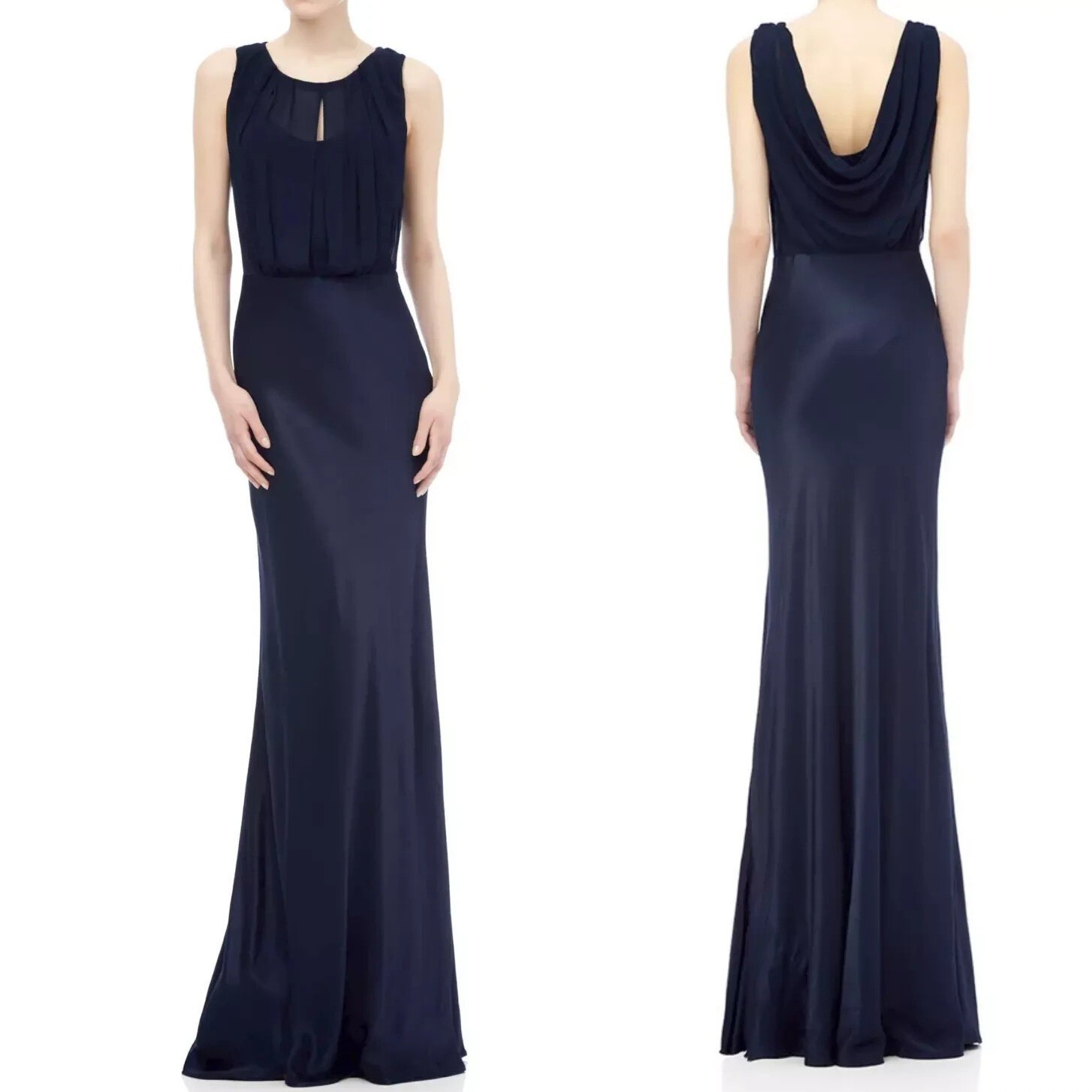 GHOST London Hollywood Claudia Cowl Back Gown Navy Blue Dress Sz L Floor Length