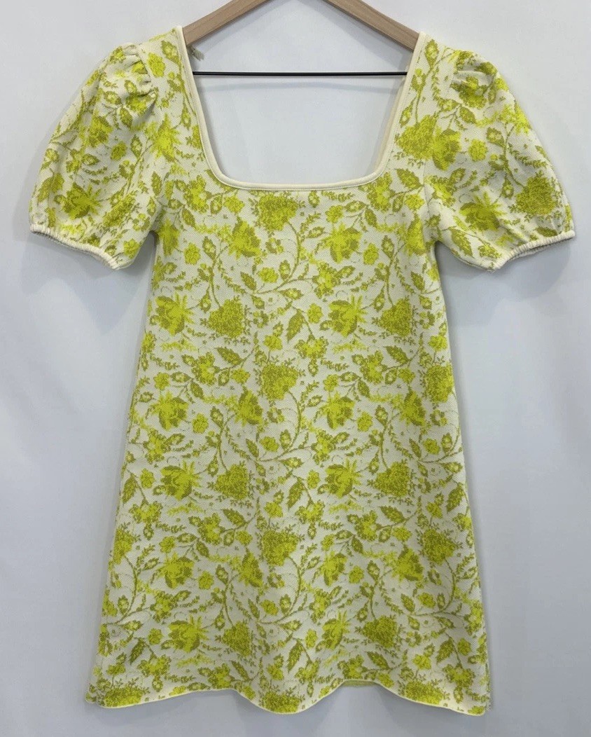Zara Jacquard Knit Floral Mini Dress Citrus Yellow Green Size M Retro 60’s Boho