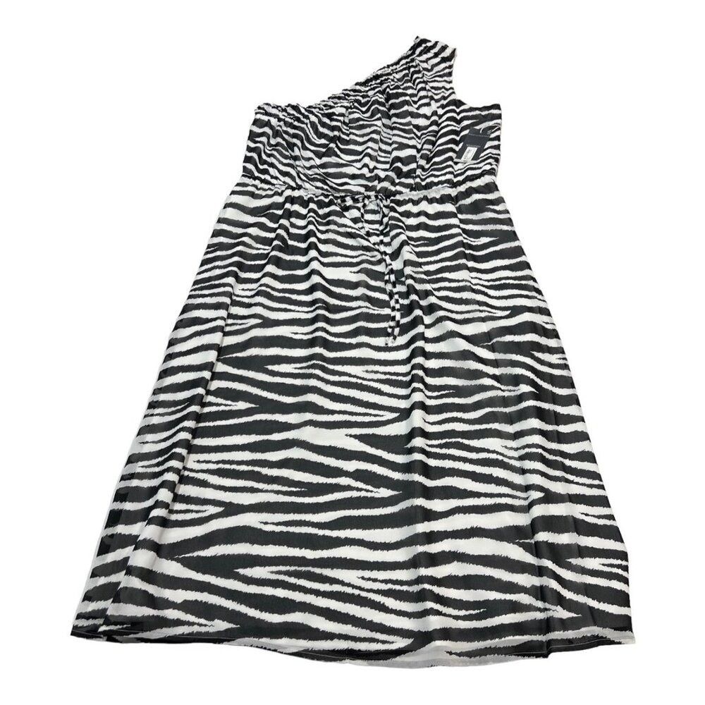 Worthington Dress One Shoulder Black Zebra Print Chiffon Midi Size XL Event