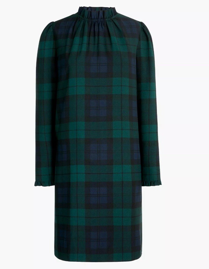 J. Crew Factory Ruffleneck Shift Dress Green & Black Watch Tartan Plaid Size 20