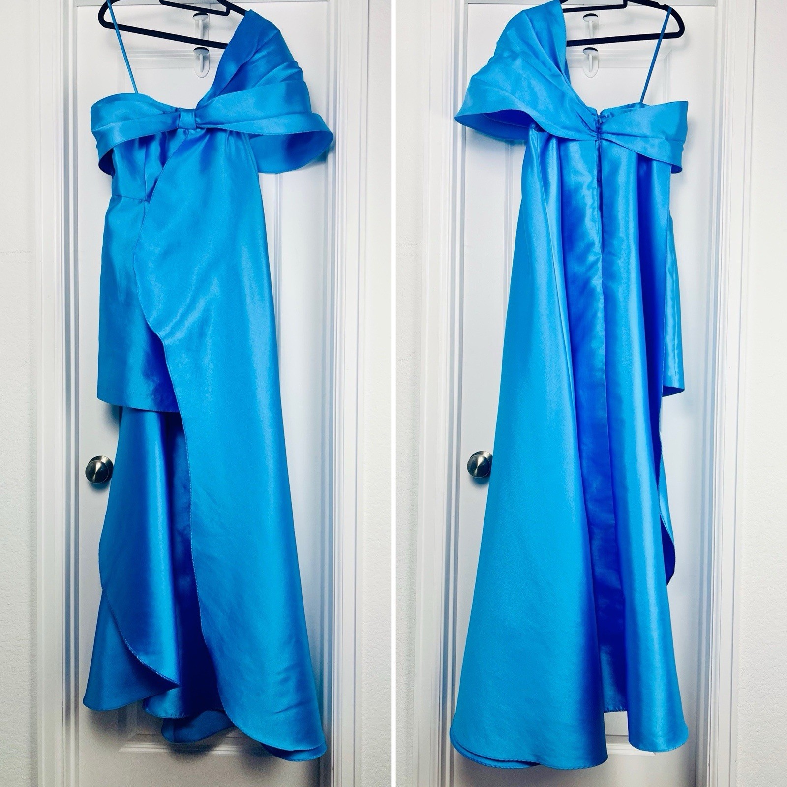 Hutch One Shoulder Bow Train Mini Dress 8 Medium Light Blue Satin High Low