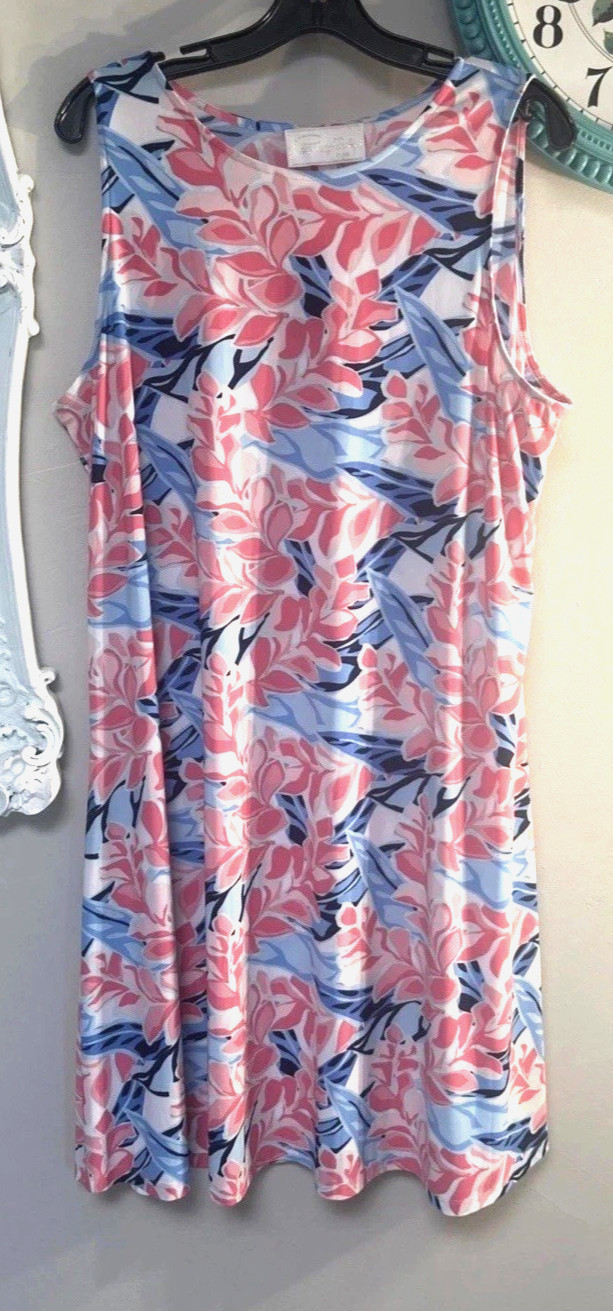 Cappagallo XL Pink Blue Swing Dress Floral Sleeveless Hawaiian Resort Wear NWOT