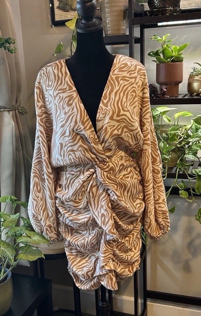 Song of Style Animal Print Ruched Wrap Mini Dress Zip Long Sleeve Size M