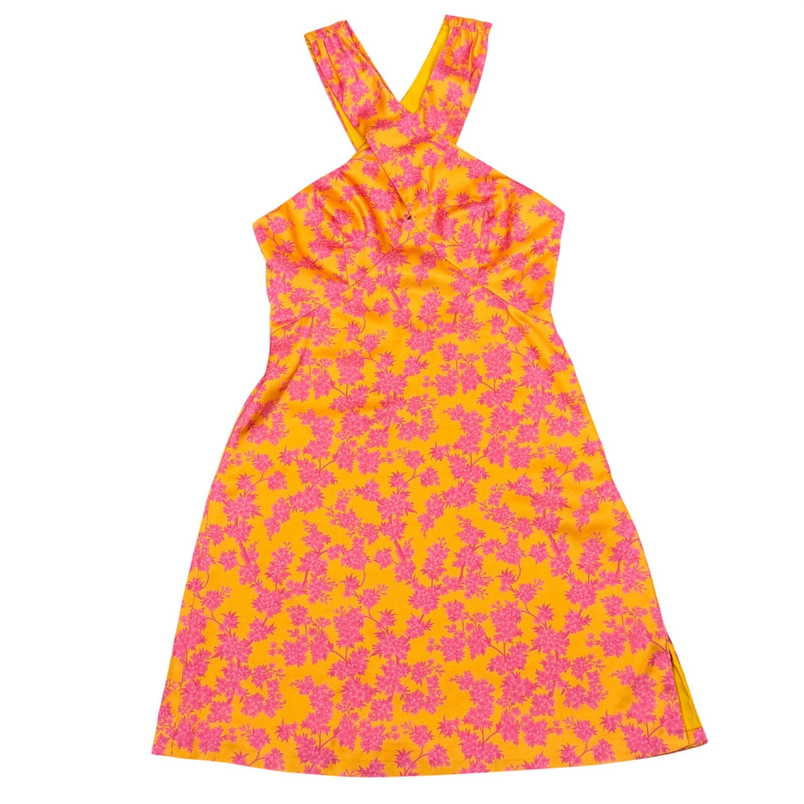 Slate & Willow Yellow Pink Floral Halter Mini Dress Small Tropical Side Slit