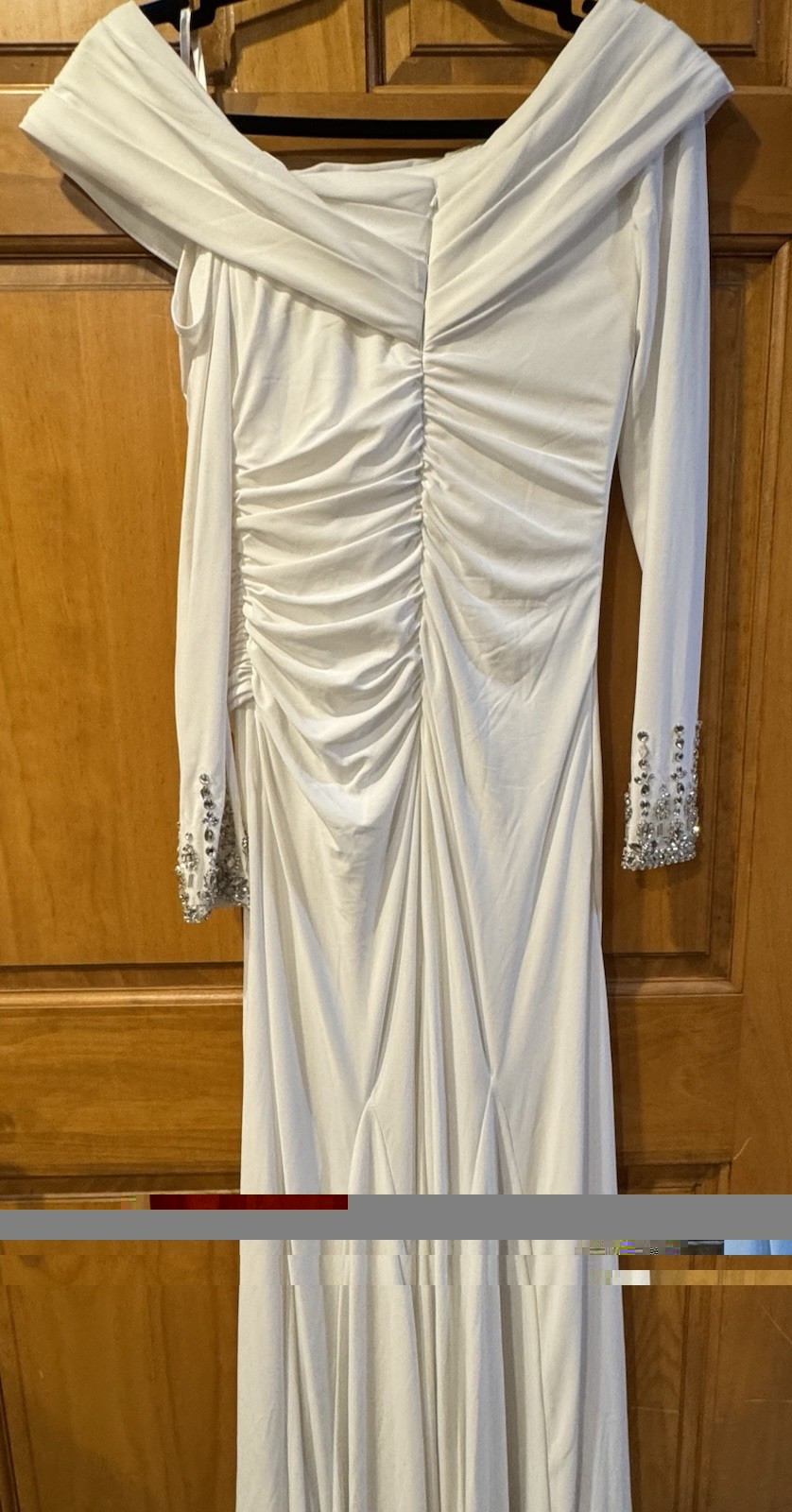 Mac Duggal White Off Shoulder Long Sleeve Beaded Cuff Side Slit Bridal Gown