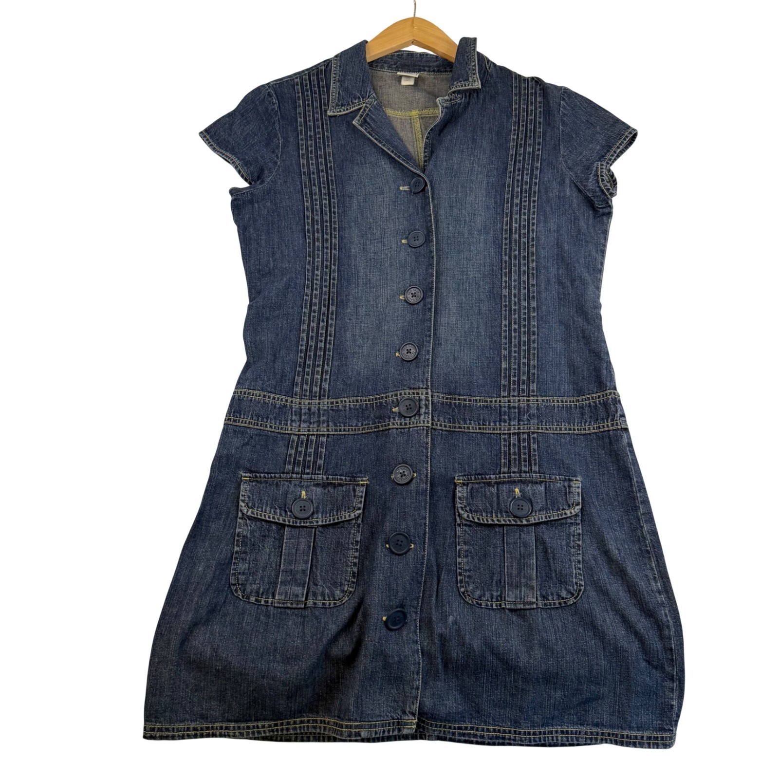 Old Navy Denim Mini Shirt Dress Blue Pintuck Button Front Cap Sleeve Size 12