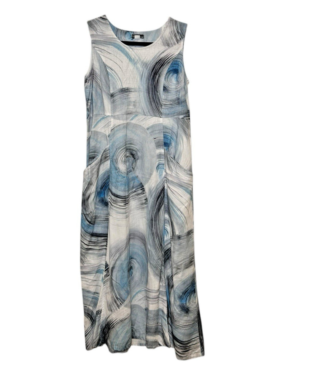 Dolcezza Art Simply 100% Linen Maxi Dress Blue Abstract Swirl Size Small