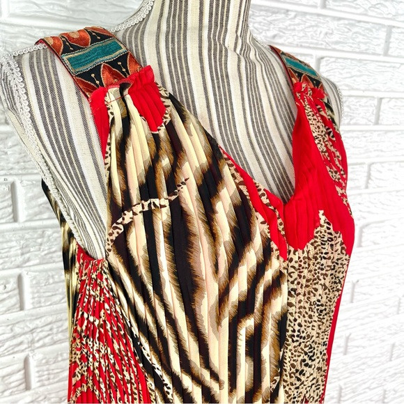 Canna Animal Leopard Print Pleated Maxi Dress Size XS Red Brown Cream Blue