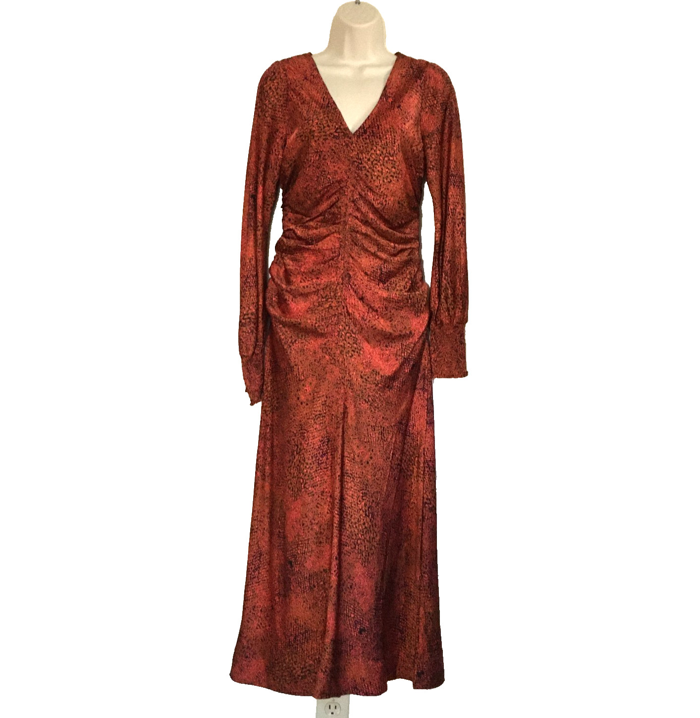 Melloday Dress Women’s Size S Silky Satin Midi Russet Ruched Long Sleeve