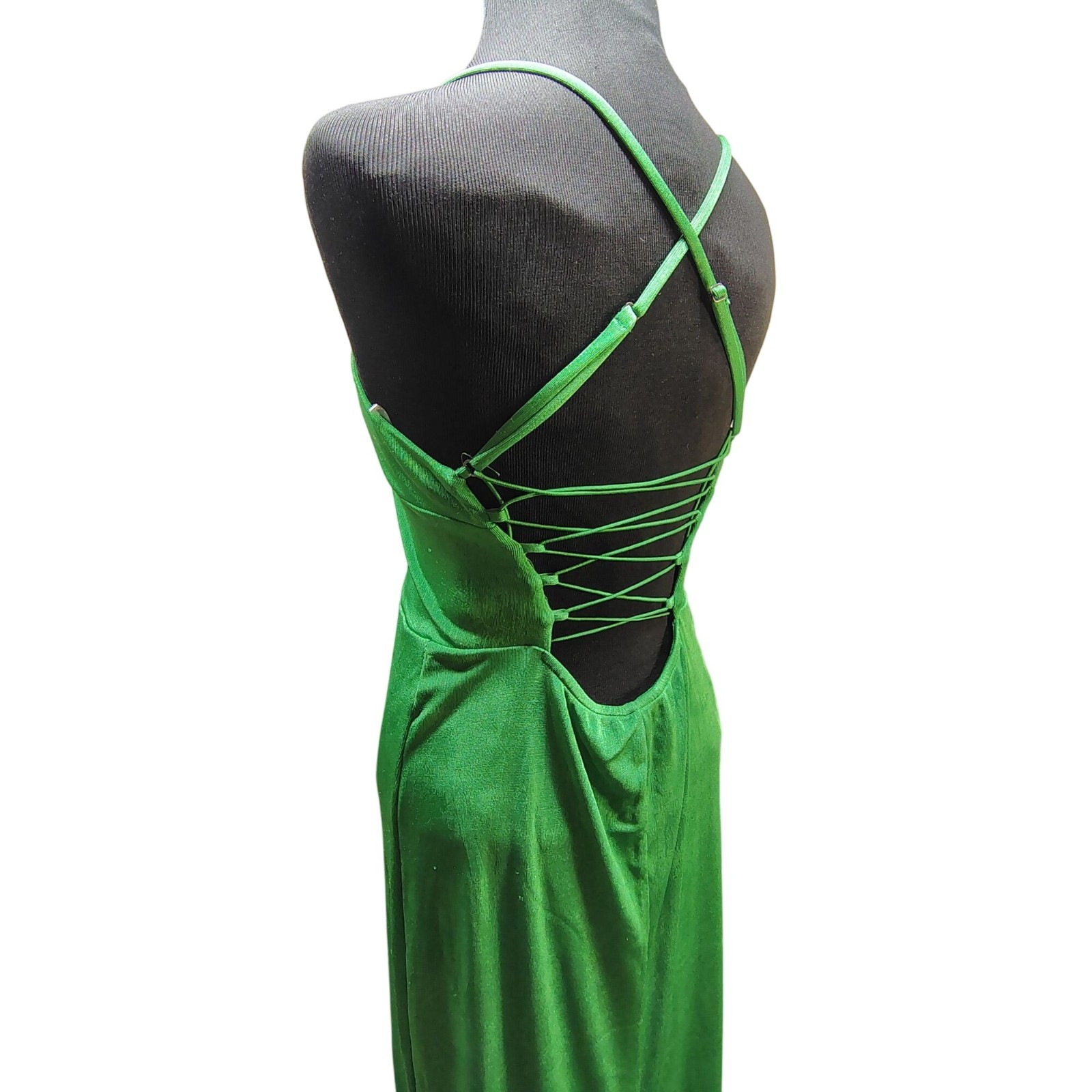 Wild Fable Emerald Satin Lace Up Back Midi Dress Side Slit Women’s Large