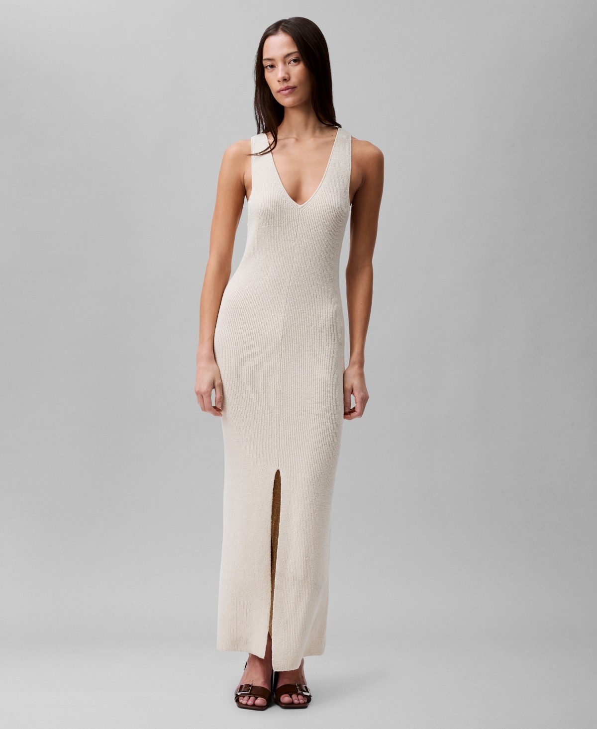 Calvin Klein Sleeveless V-Neck Rib Knit Maxi Dress Women XS Summer Sand Pullover