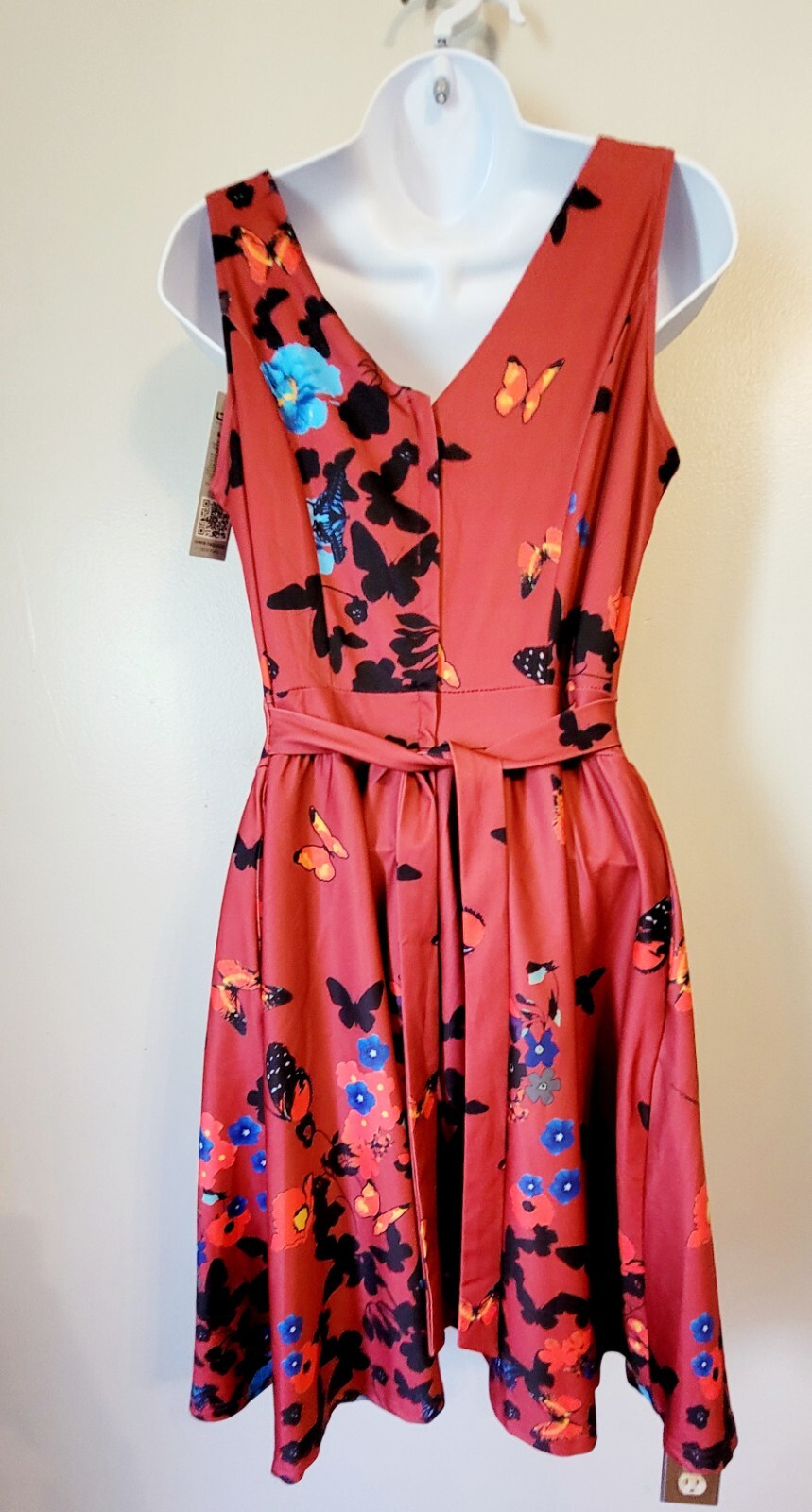 NWT Owin Muted Red Silky Butterfly A Line Dress Retro Fairy M