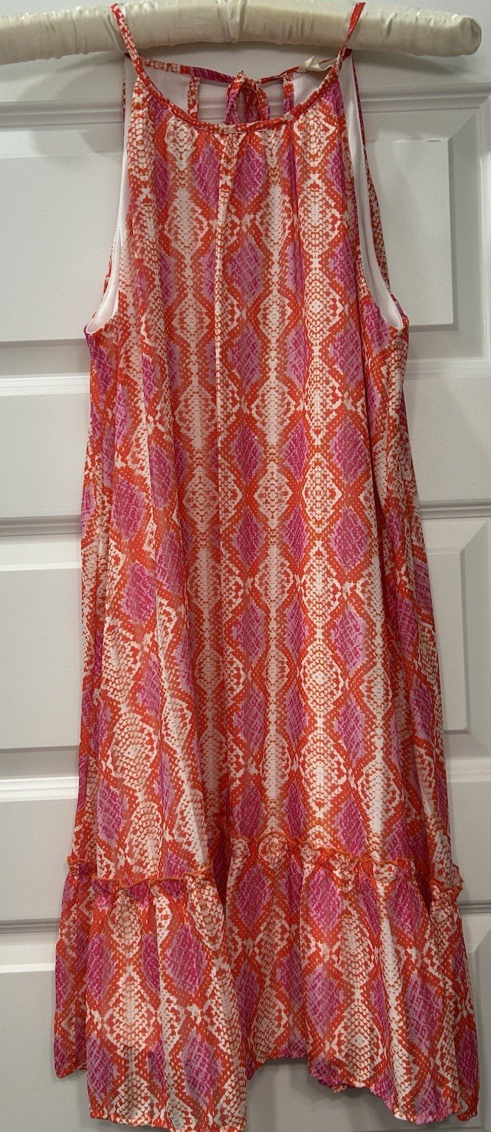 Peach Love California Pink Orange Snake Print Halter Dress Lined Ruffle Boho S