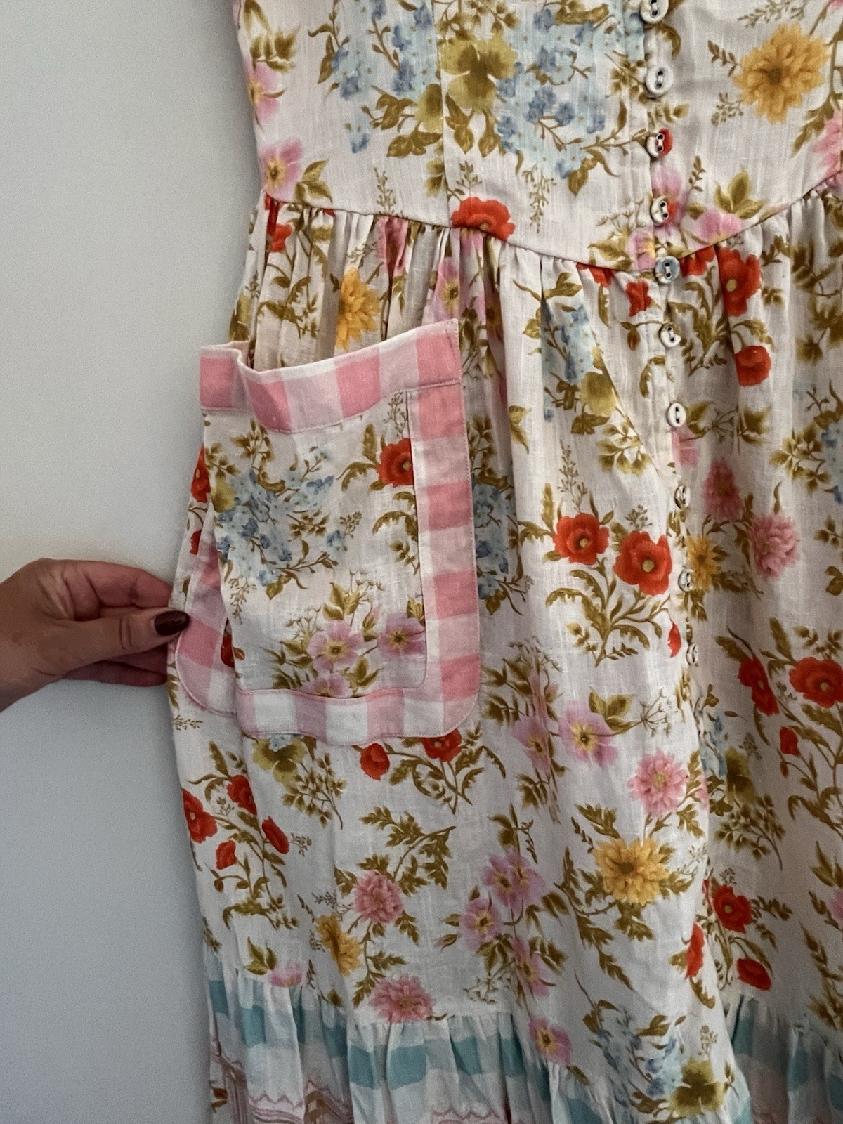SPELL Linen Tiered Midi Dress – Patchwork Floral Button Down – Boho Cottagecore